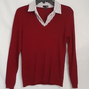 Women's East 5th Petite Red V‎ Neck Sweater with Sewn in Collar Size PS